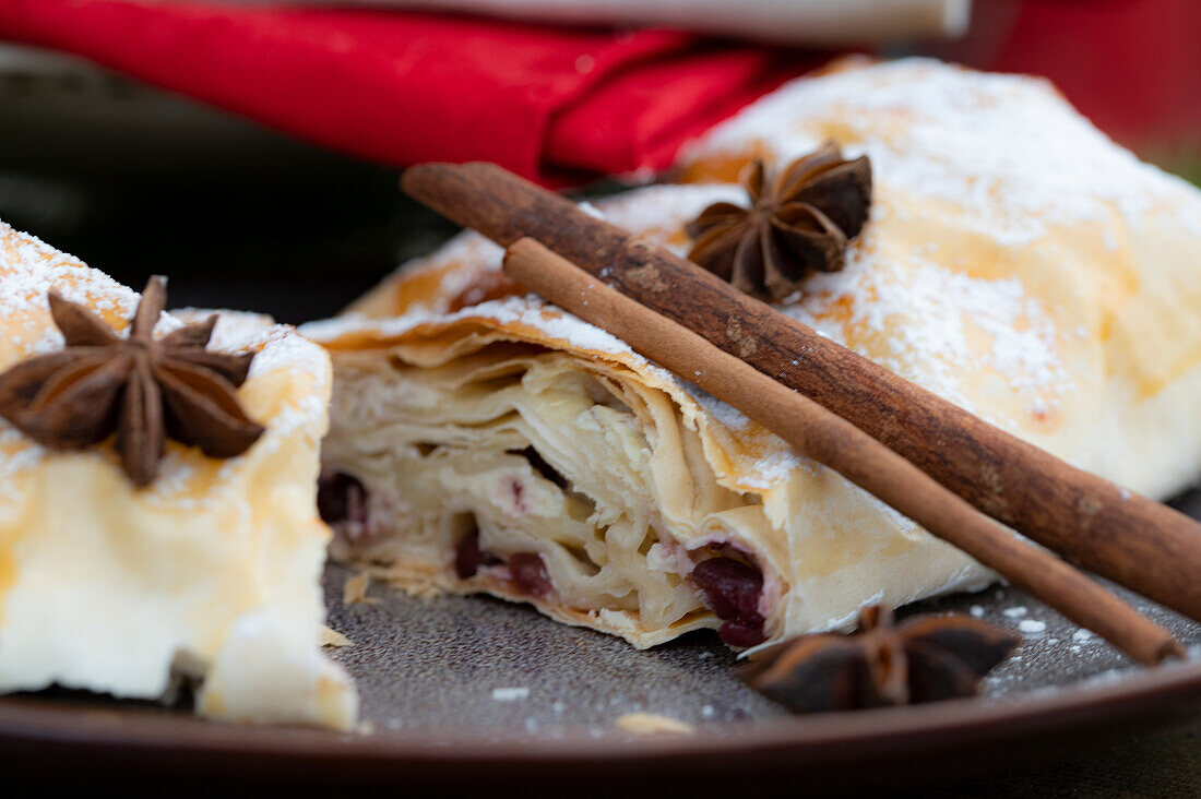 Quarkstrudel with star anise and cinnamon stick