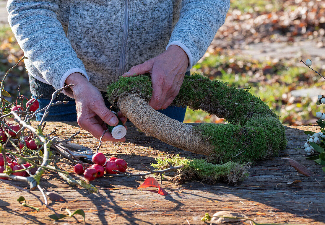 Wreath of moss, ornamental apples and mistletoe