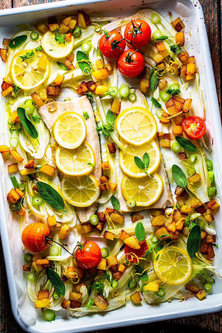 Forellenfilest mit Fenchel-Ofengemüse und Salbeibutter