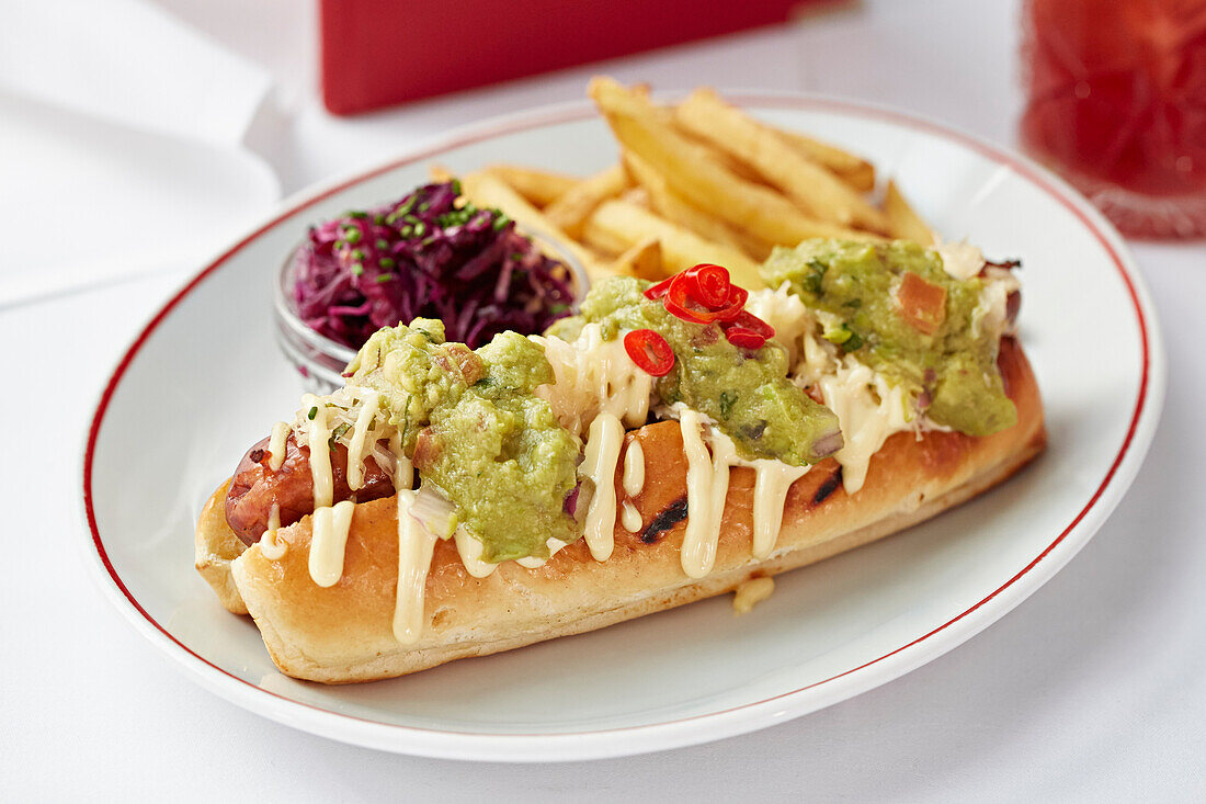 A loaded chilli dog