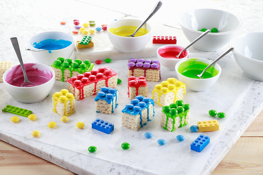 Waffle cakes decorated like building blocks