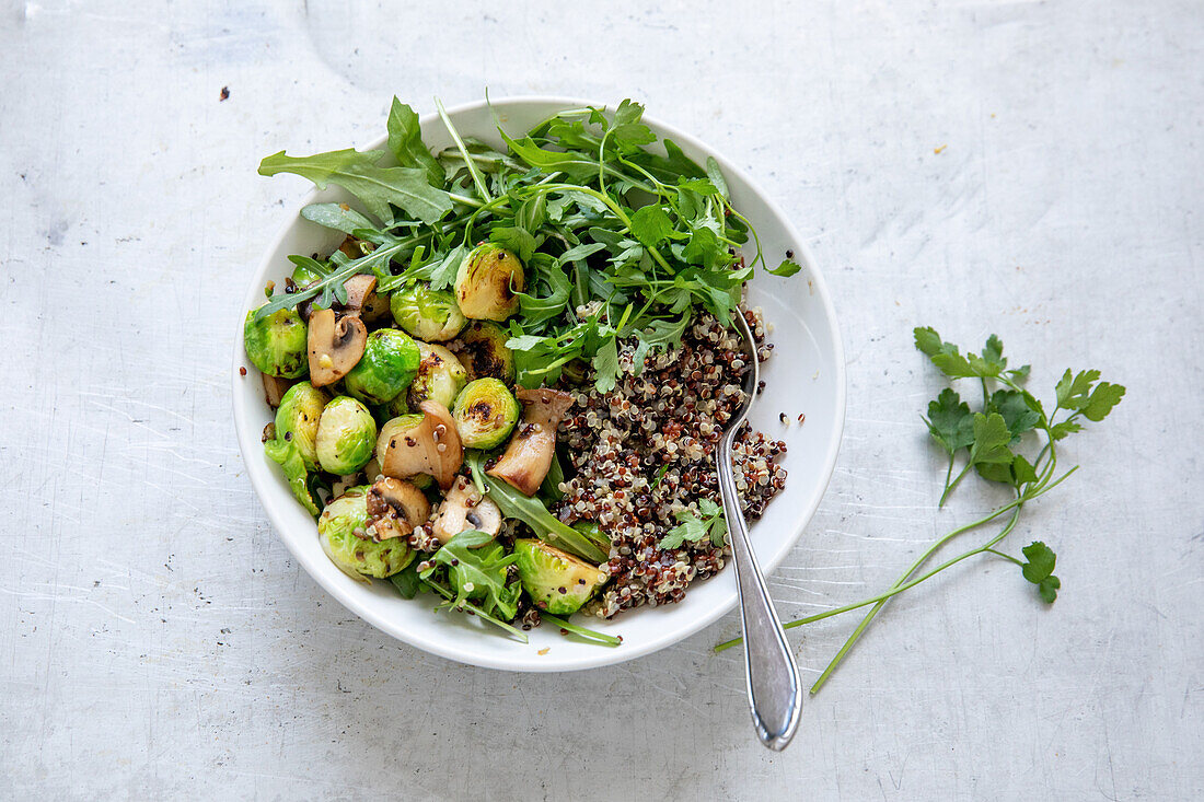 Pilz-Rosenkohl-Pfanne mit Quinoa