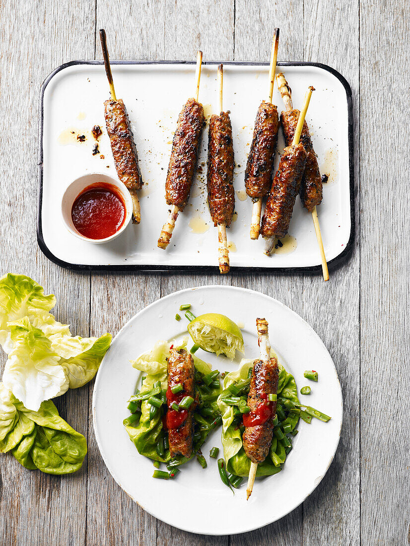 Lemongrass pork skewers with green bean salad