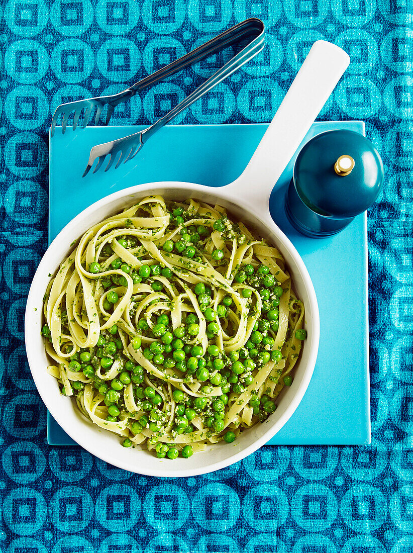 Tagliatelle with peas and summer green pesto