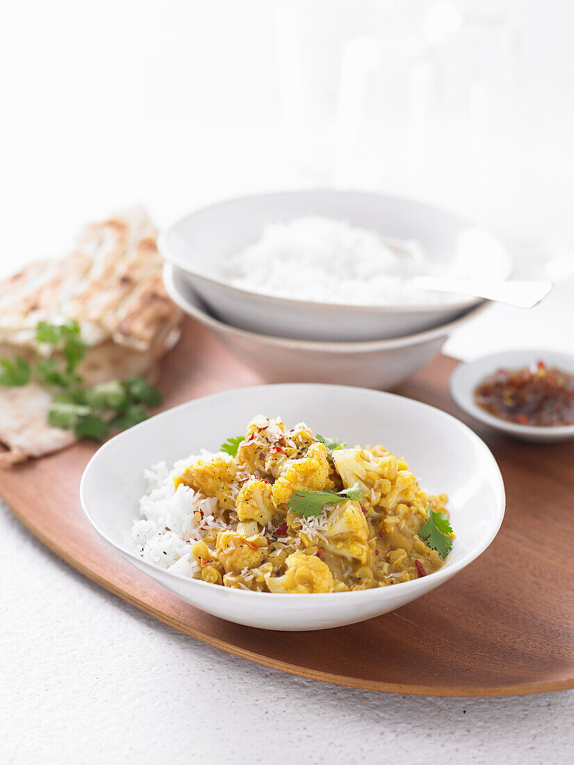 Yellow lentil and coconut curry with cauliflower