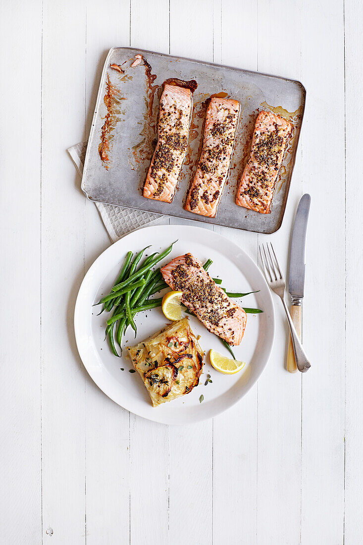 Salmon with celeriac gratin and green beans