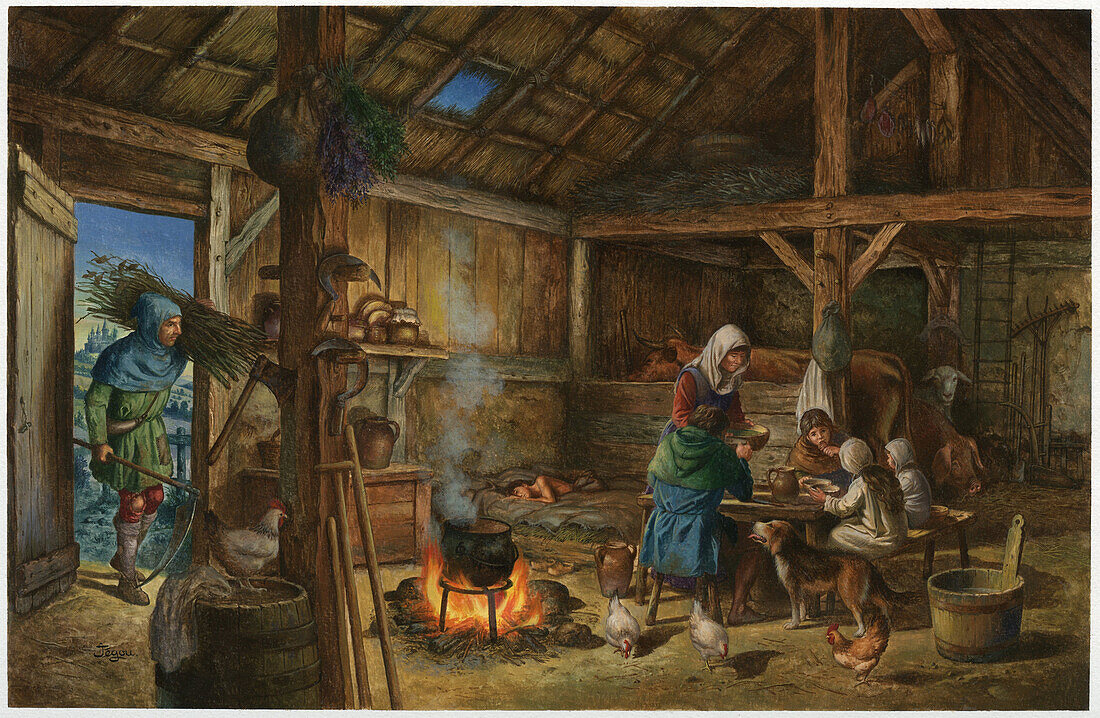 Medieval thatched cottage, illustration