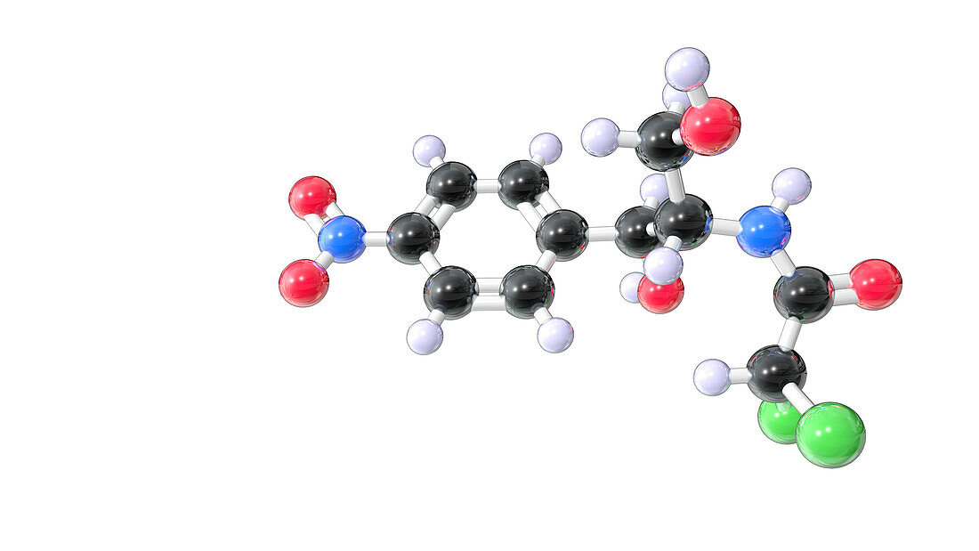 Chloramphenicol antibiotic drug, molecular model