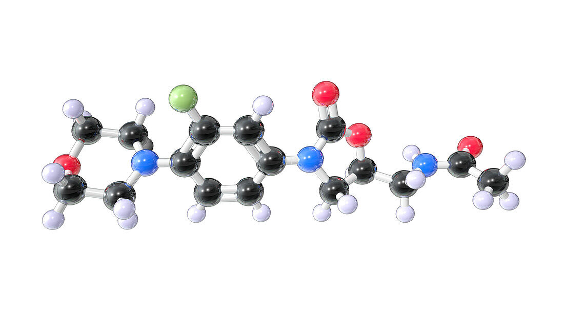 Linezolid antibiotic drug, molecular model