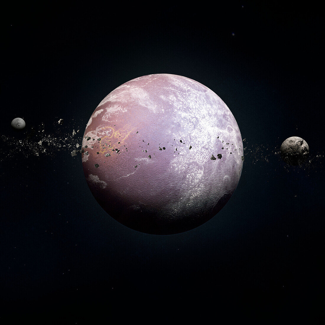 Exoplanet with moons and debris, composite image