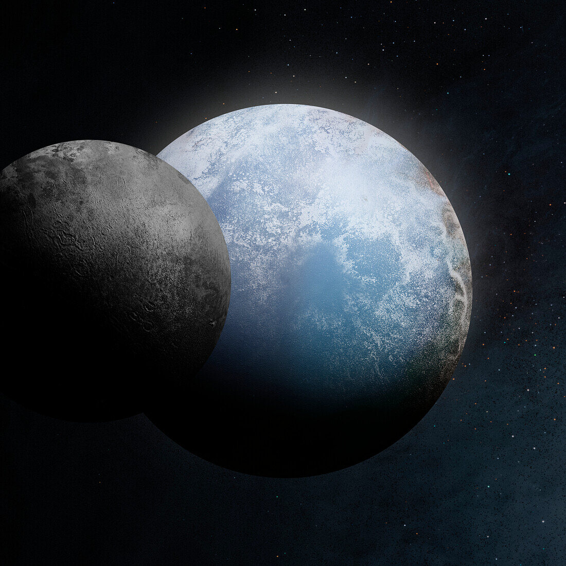Earth-like waterworld with barren moon, composite image