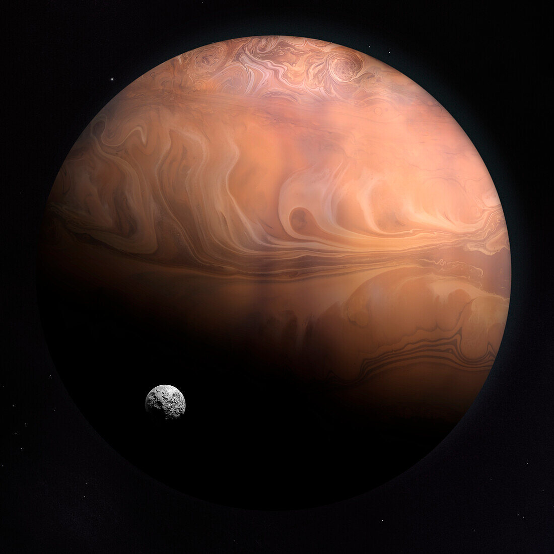 Exoplanet gas giant with rocky moon, composite image