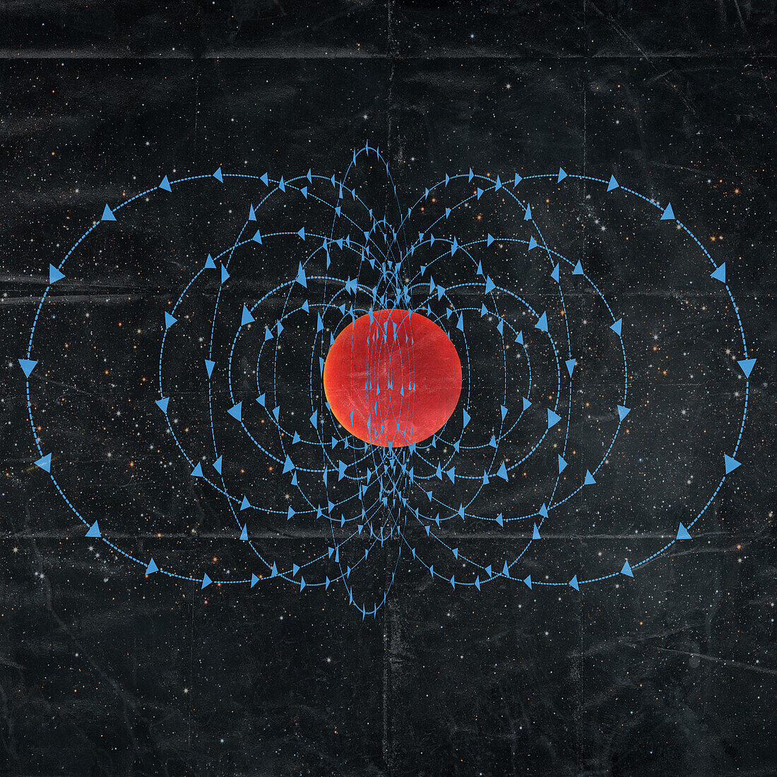 Red dwarf with magnetic field lines, illustration