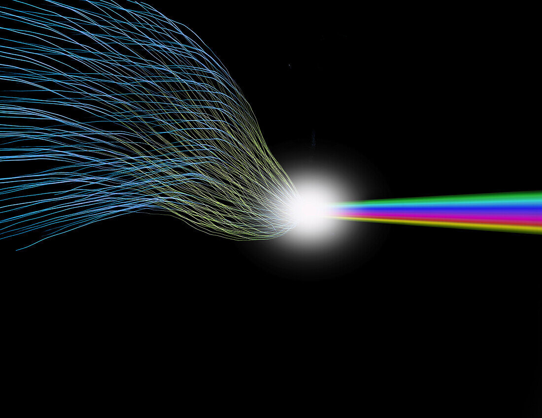 Rainbow light beam converging with yellow and blue strands, illustration
