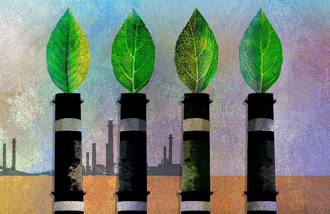 Green leaves coming out from smokestacks, illustration