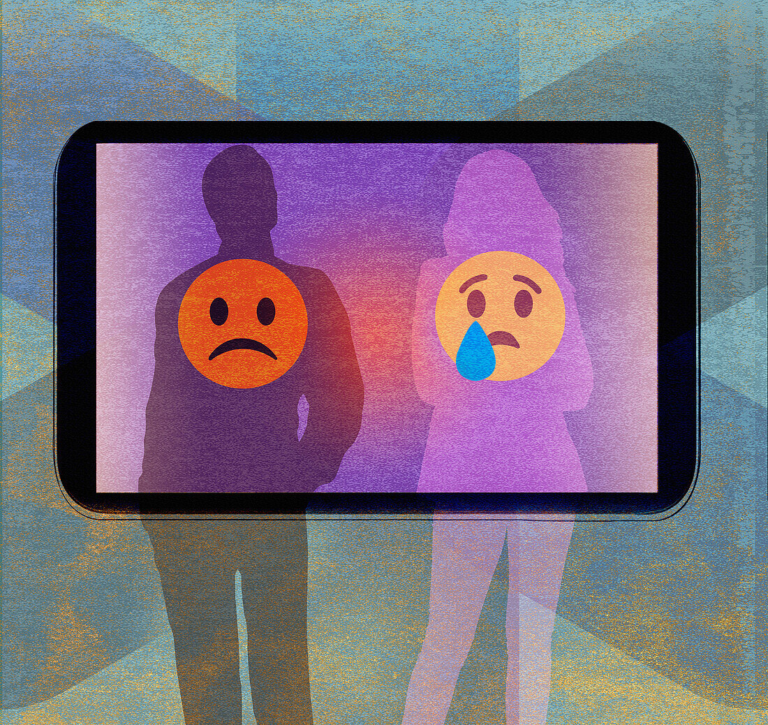 Couple with sad emoticons on phone screen, illustration