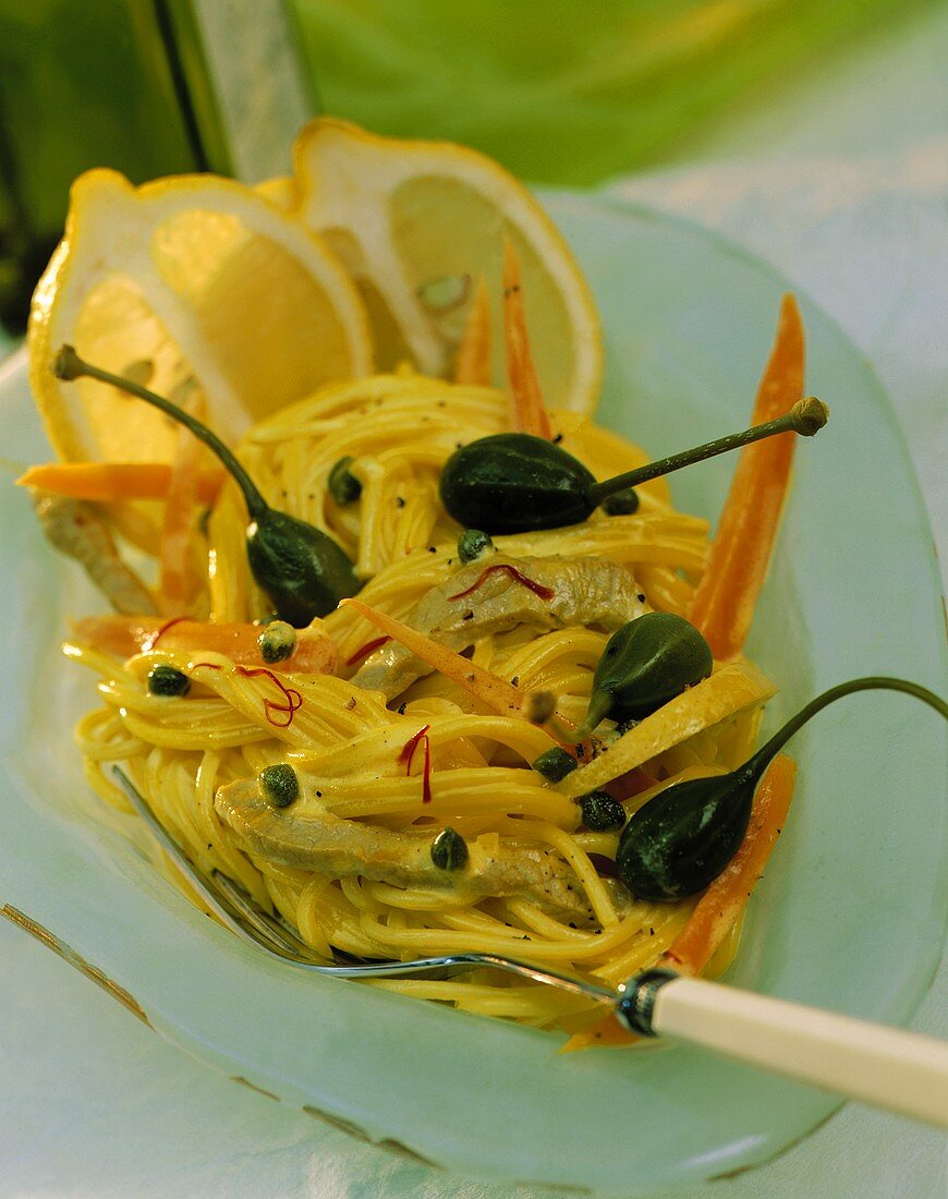Spaghetti with veal, capers, carrots & white wine