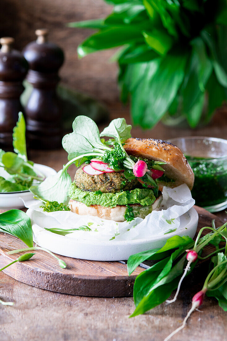 Wild garlic burger with falafel and hummus