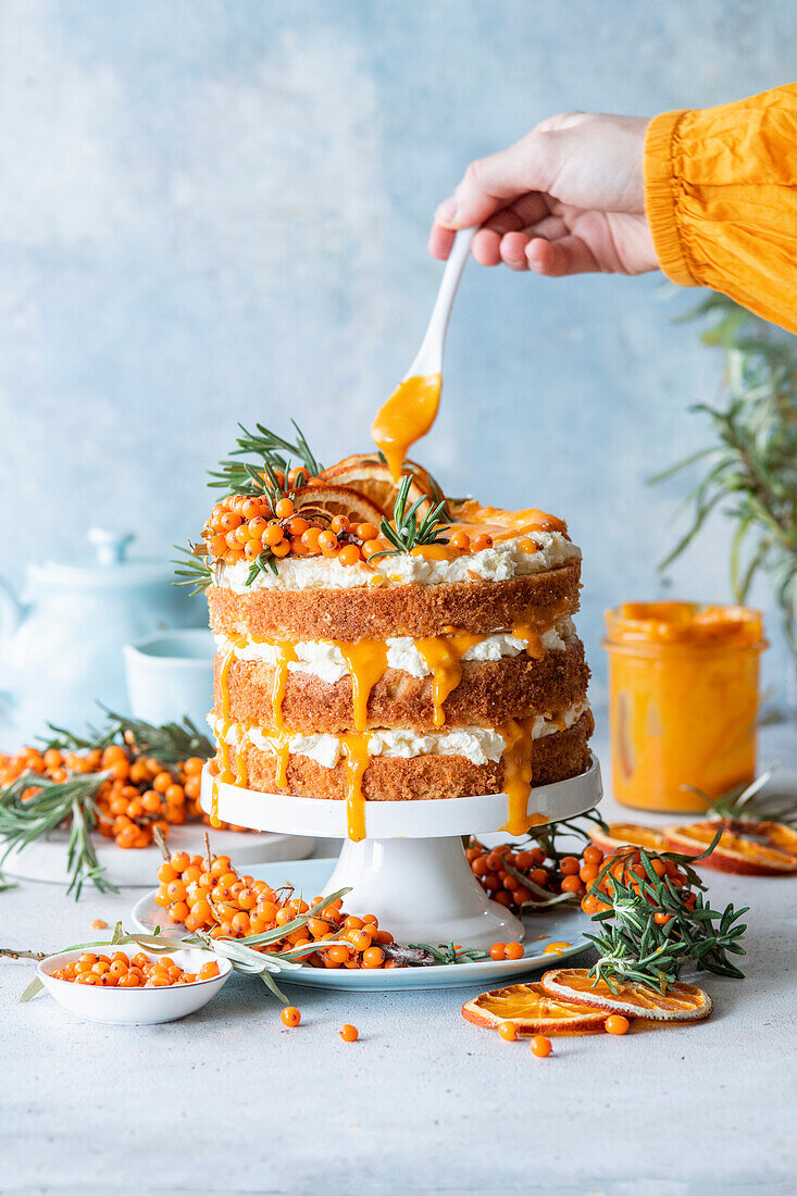 Vanilla cake with buttercream and seabuckthorn curd