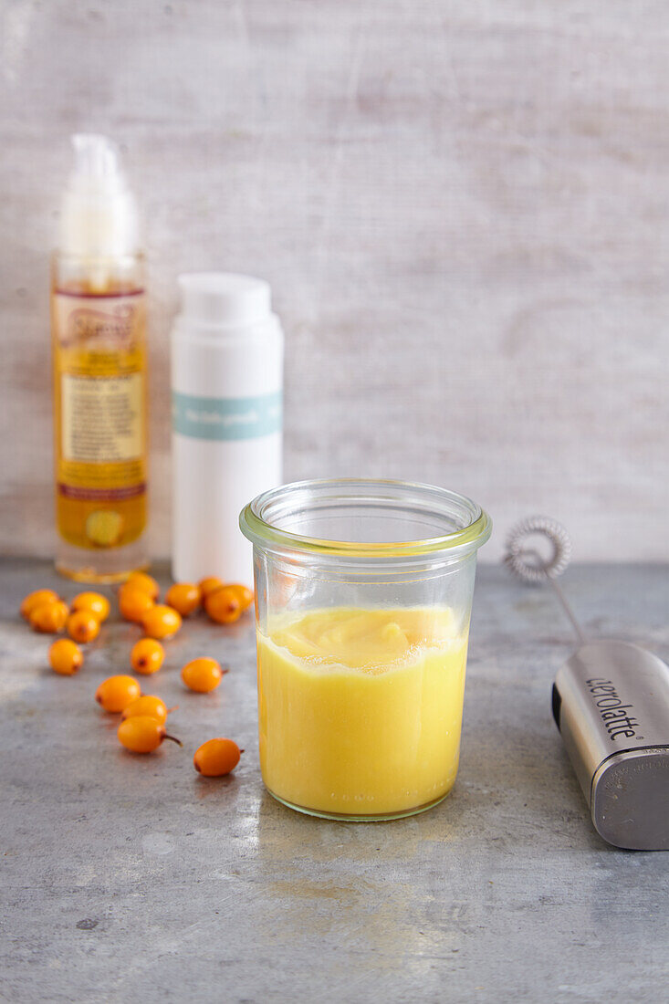 Homemade sun tan lotion from sea buckthorn berries