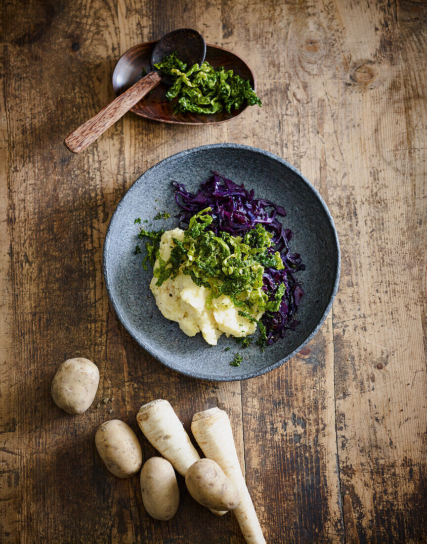 Red cabbage with parsnip potato mash and savoy cabbage