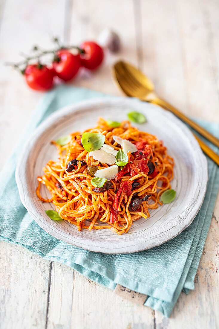 Spaghetti Puttanesca mit selbstgemachten Nudeln