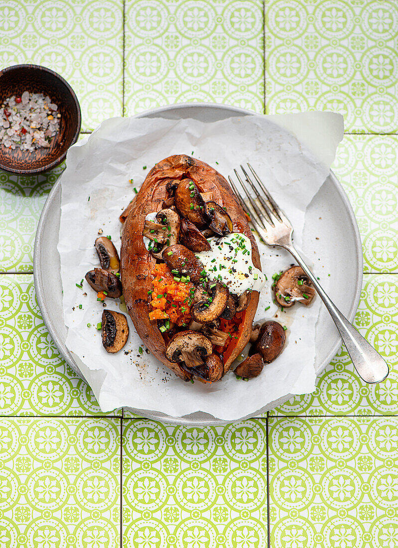 Baked Stuffed sweet potato with mushrooms