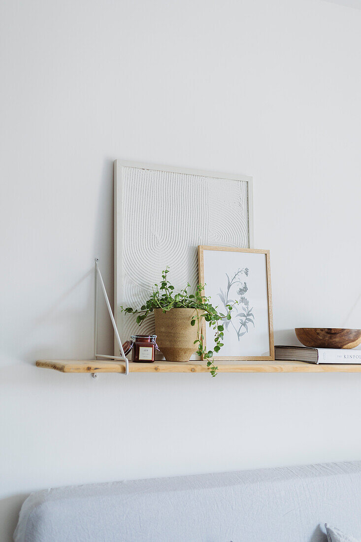 Wall shelf with drawing and houseplant