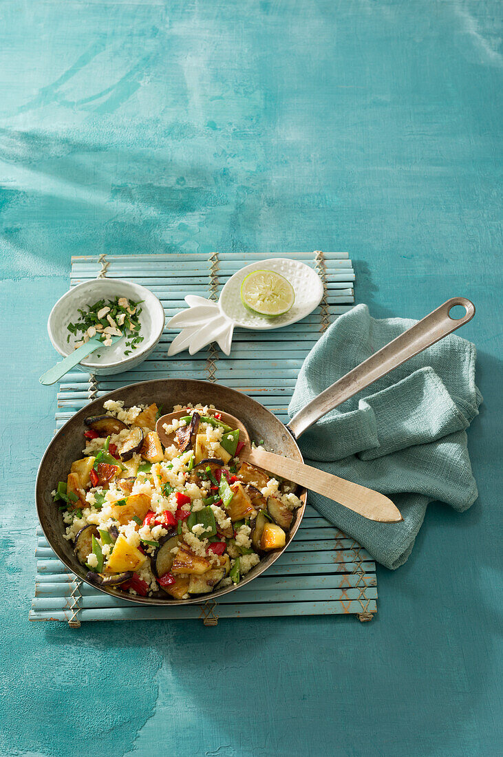 Vegan Caribbean couscous pan with pineapple