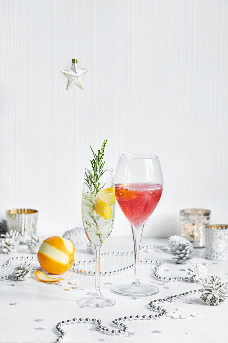 Two Christmas cocktails in a Christmas setting