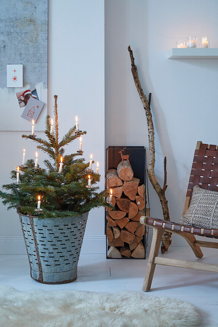 Kleiner Weihnachtsbaum mit Kerzen im Zinkeimer, Brennholz und Sessel