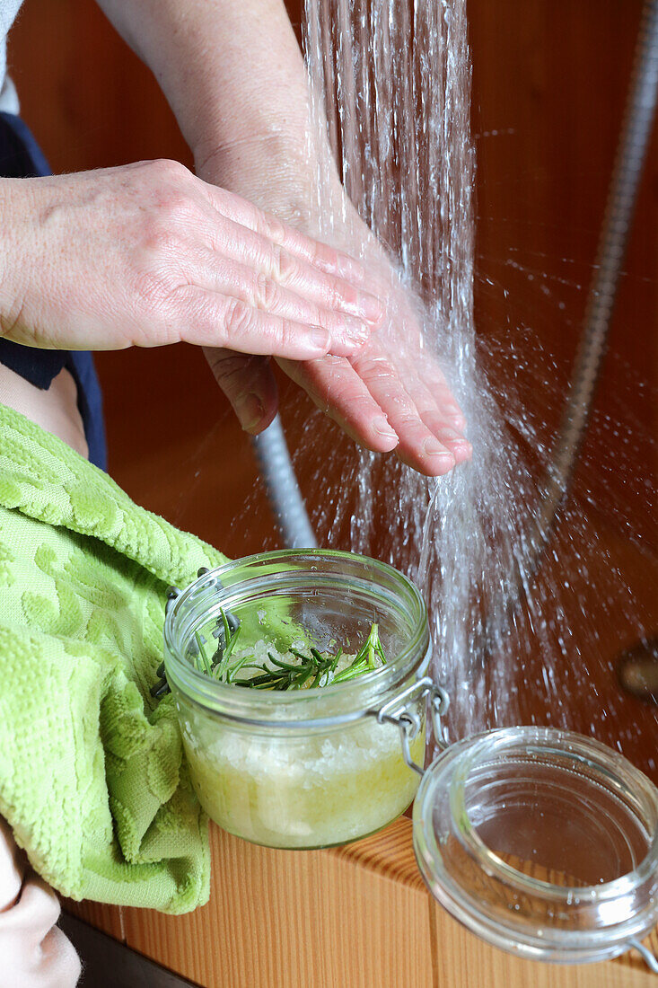Rosemary body scrub against chapped hands and rough elbows