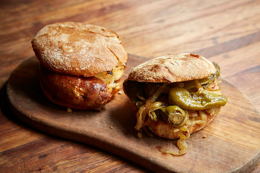 Peppers and onions in a rustic roll