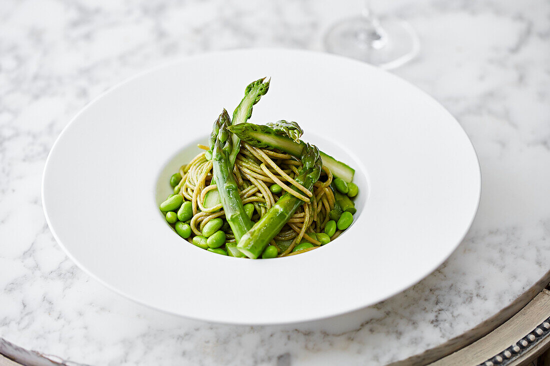 Asparagus with edamame bean spaghetti