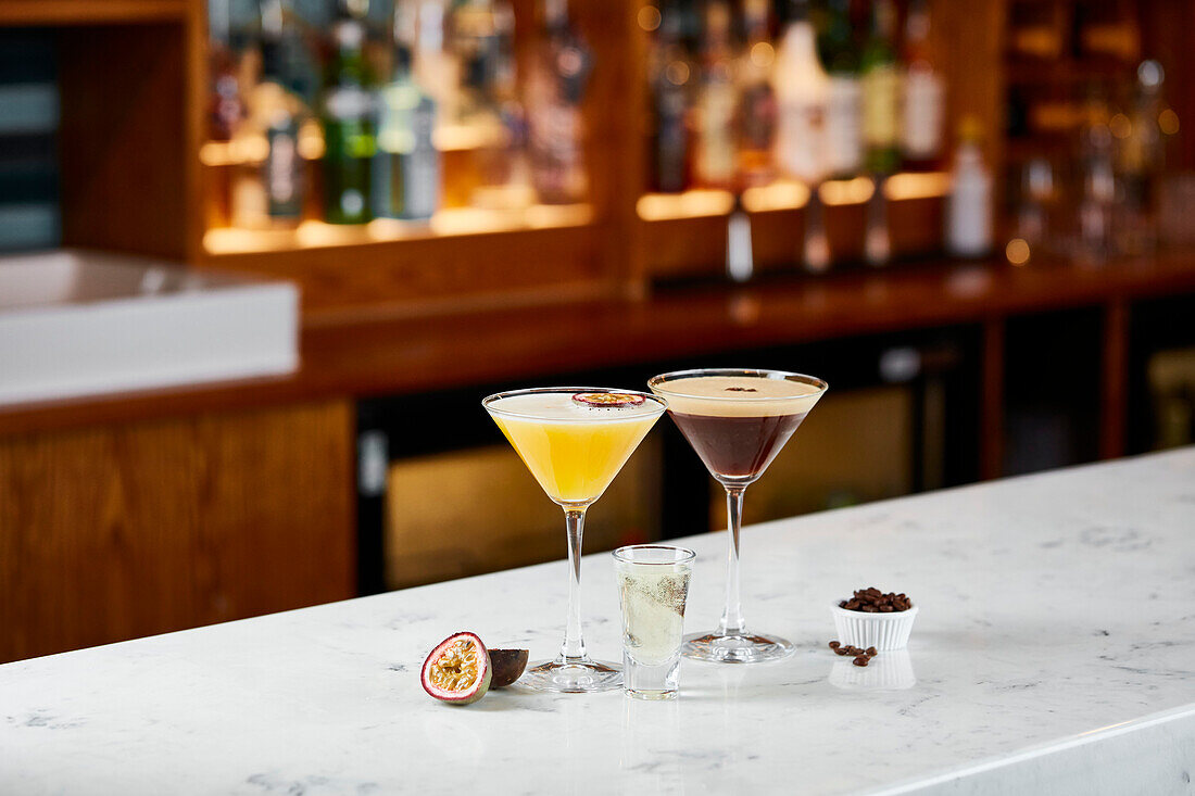 Pornstar martini and an espresso martini on the bar