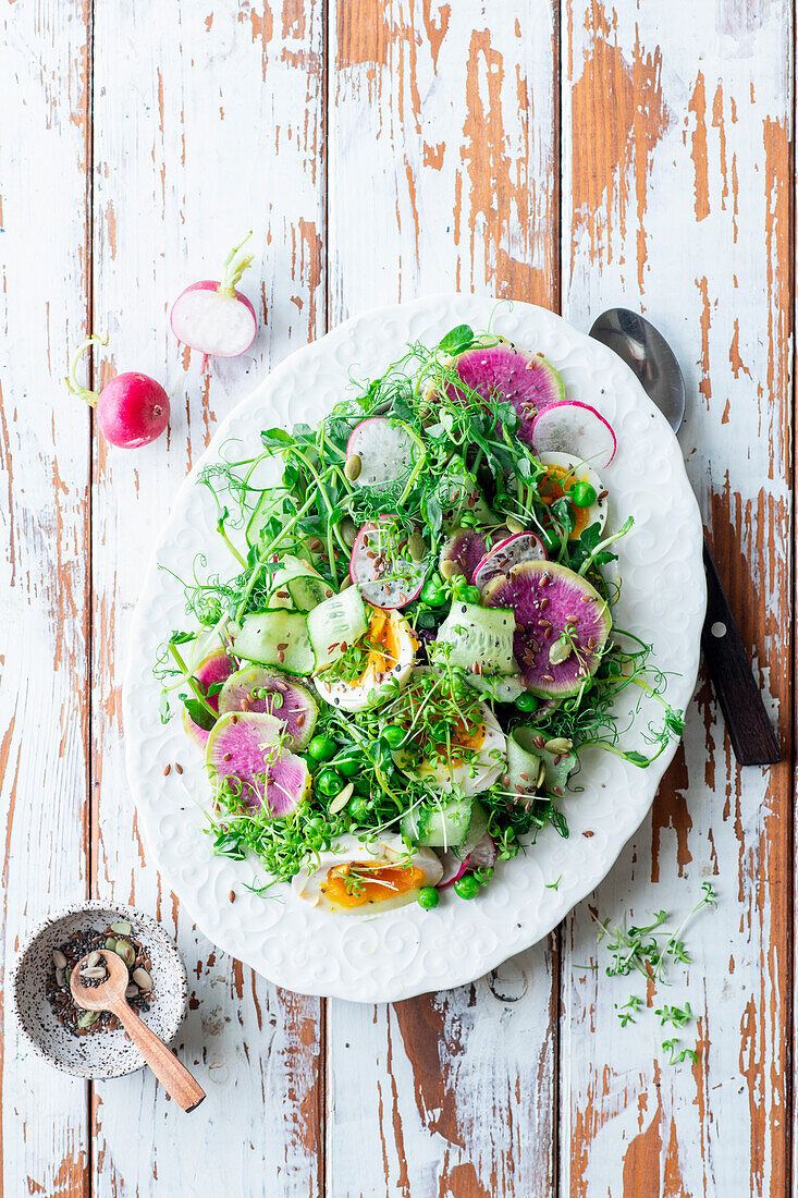 Spring salad with boiled eggs, radishes and peas