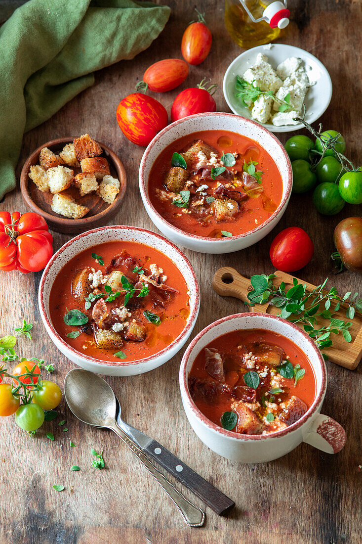 Tomato feta_soup with fried proscuitto and croutons