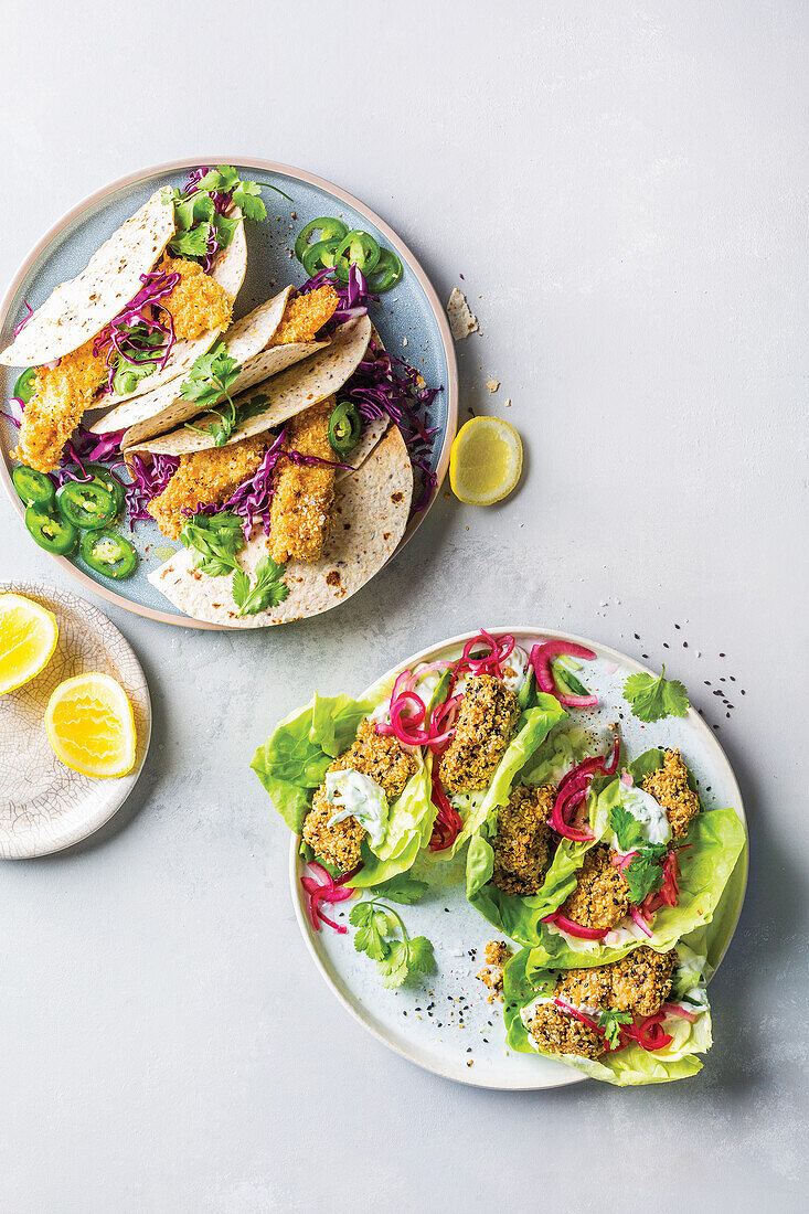 Baked coconut fish finger tacos, Air fryer fish fingers in lettuce cups