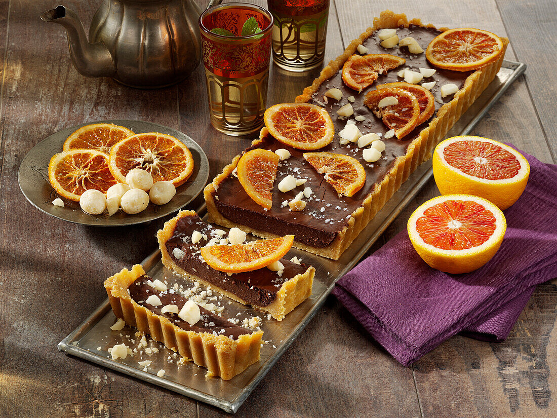 Salty chocolate tart with blood oranges