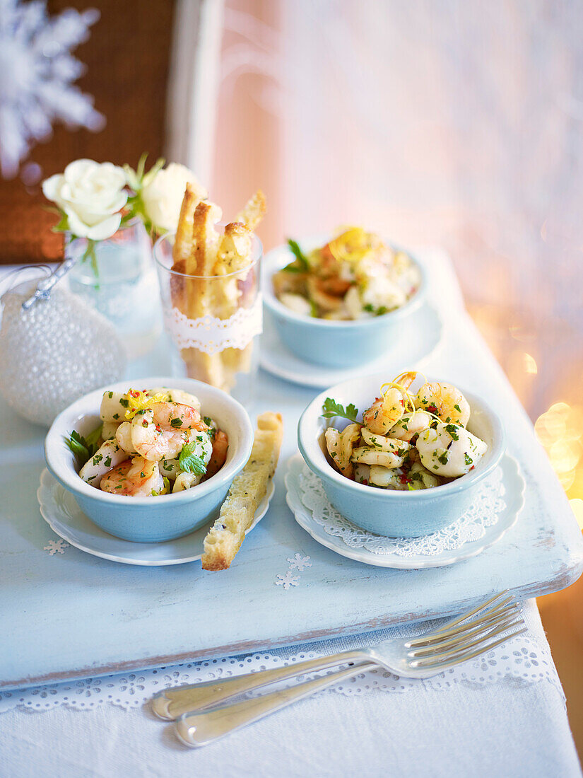 Baked prawns and scallops in chilli and garlic butter