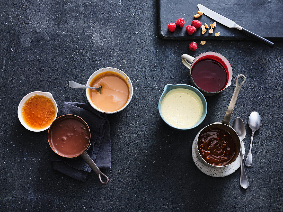 Sweet sauces - salted caramel peanut, dark chocolate, whisky toffee, red fruit jelly sauce, ginger syrup, vanilla sauce