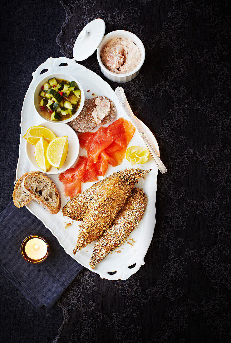 Celebration fish platter with spiced cucmber salad