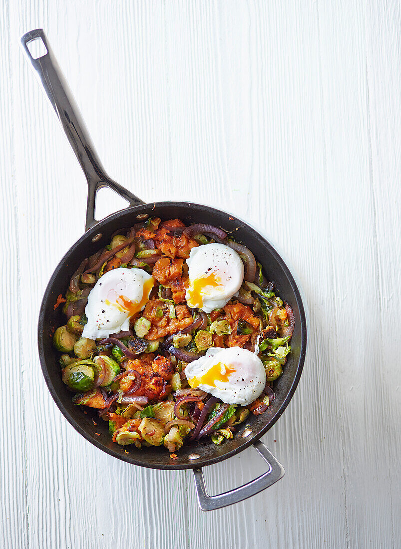 Sautéed Brussels sprouts with poached eggs