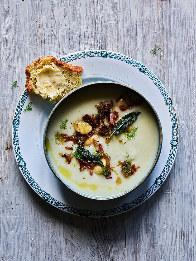 Cauliflower soup with white beans, sage and dill butter
