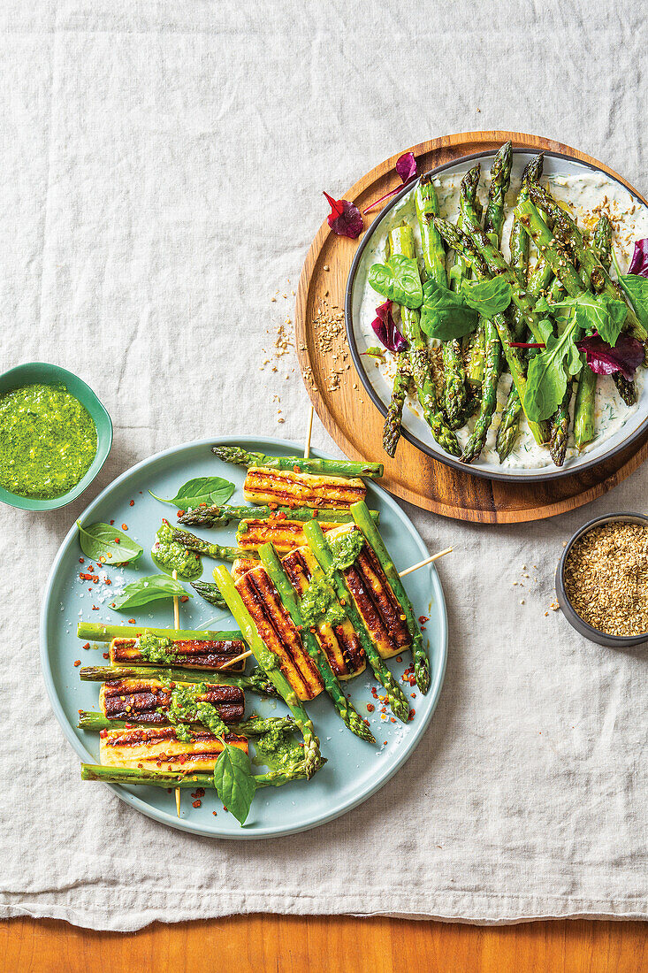 Halloumi and asparagus skewers, Grilled asparagus on spiced yoghurt