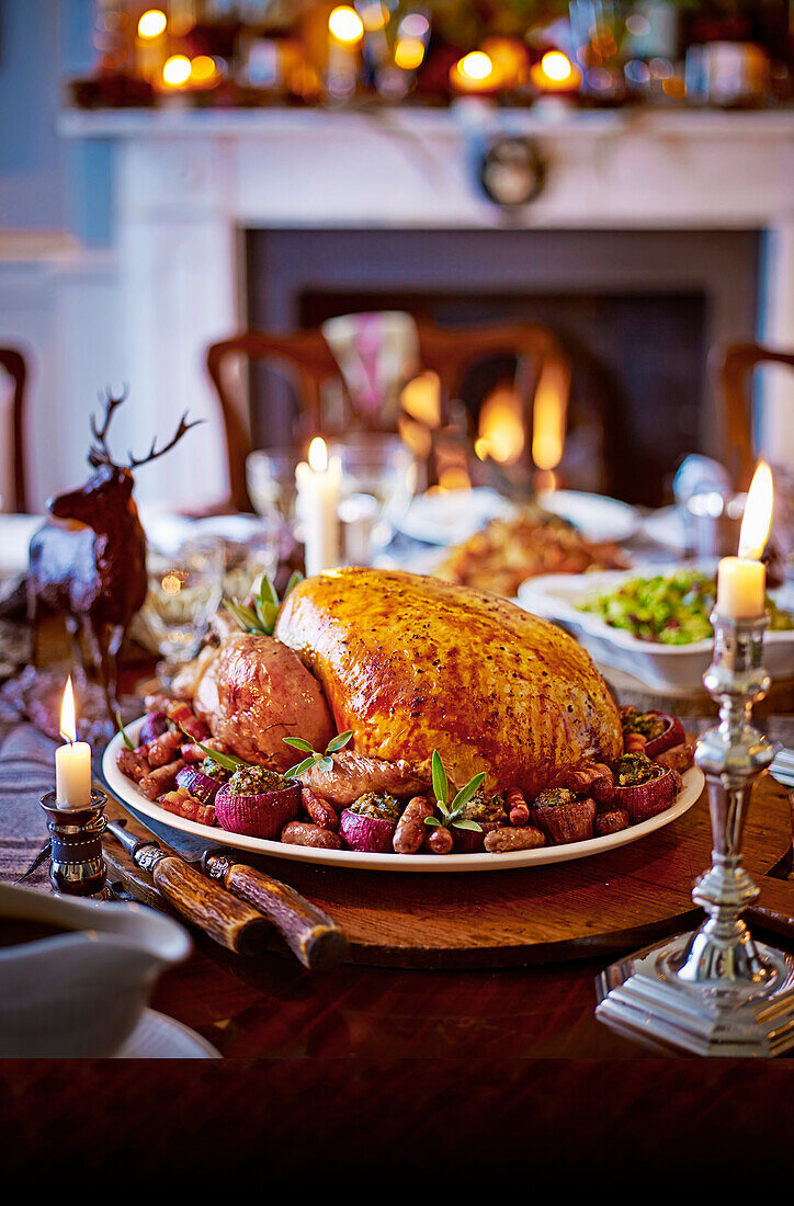 Christmas turkey on festively decorated table