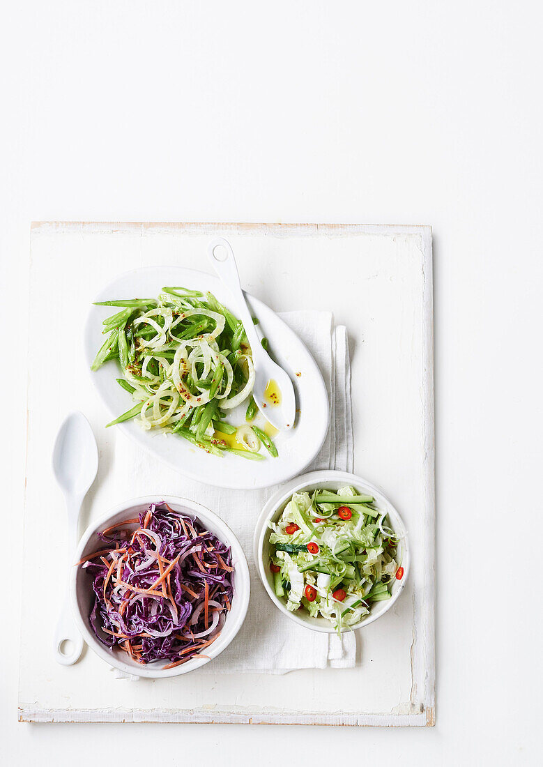 3x healthy coleslaw - beans and fennel, Thai cucumber, with tahini yogurt dressing