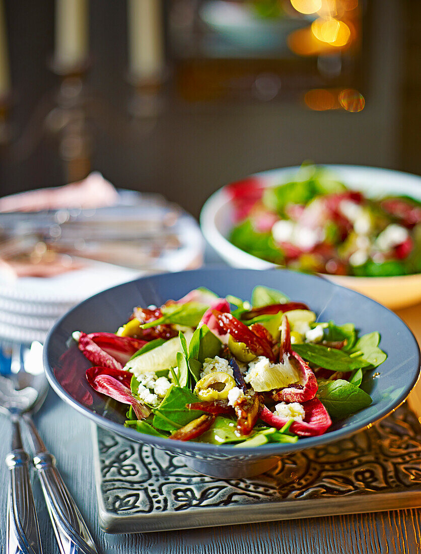 Winter leaf, date and olive salad