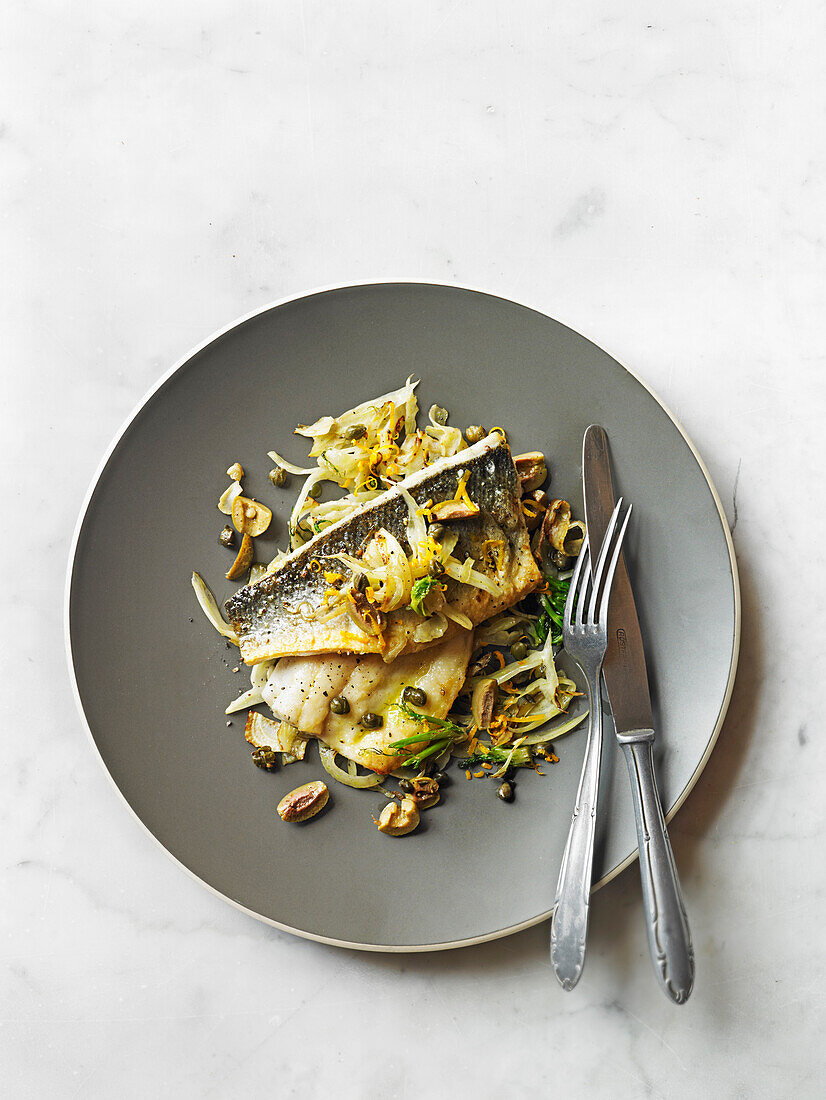 Sea bass with orange, capers and olives