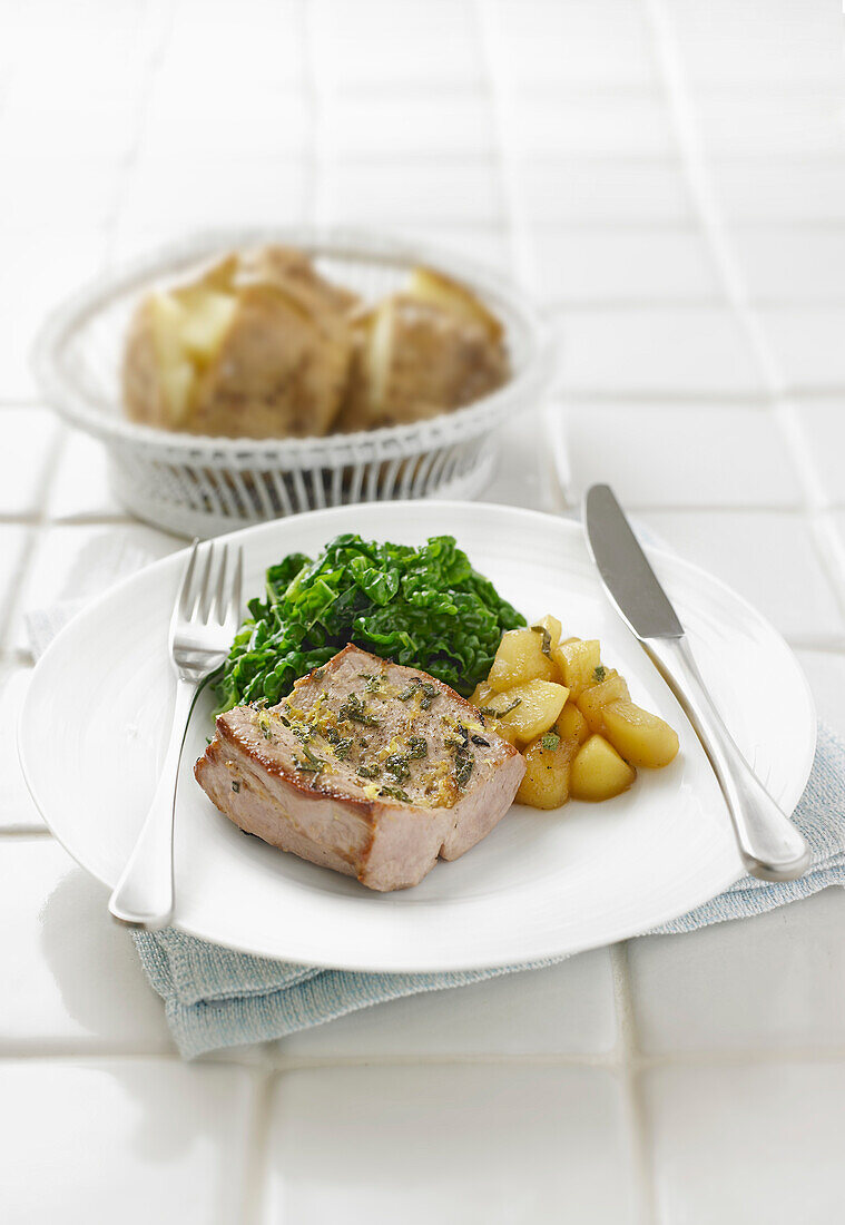 Grilled pork with apple and sage